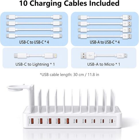 100W Charging Station for Multiple Devices, 10-Port USB Charging Dock Organizer with 10 Cables & Watch Stand, Adjustable Dividers Multi Charger Compatible with iPad/Tablet/iPhone/Android, White in Kuwait