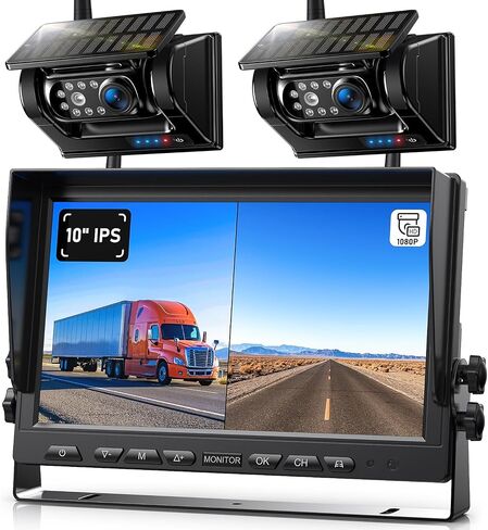 Magnetic Solar Wireless Backup Camera HD 1080P 10" DVR Monitor, Dual RV Cameras Wireless System for Hitch Towing Travel RV Camper 5th Wheel, Built-in 9600mAh Battery & Solar Panel, ZEROXCLUB BD102 in Kuwait
