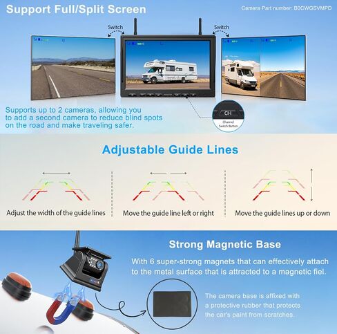 Magnetic Solar Wireless Backup Camera HD 1080P 10" DVR Monitor, Dual RV Cameras Wireless System for Hitch Towing Travel RV Camper 5th Wheel, Built-in 9600mAh Battery & Solar Panel, ZEROXCLUB BD102 in Kuwait