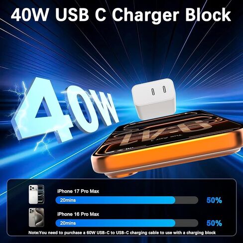 شاحن سريع USB C، 2 حزمة 40 وات بمنفذ مزدوج سريع USB C، محول طاقة قابس شحن من النوع C متوافق مع iPhone 17 Pro Max/Air/17e/16e/16 Plus/15/14/13/12/11/XS/XR/X، iPad in Kuwait