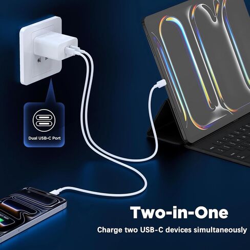 شاحن سريع USB C، 2 حزمة 40 وات بمنفذ مزدوج سريع USB C، محول طاقة قابس شحن من النوع C متوافق مع iPhone 17 Pro Max/Air/17e/16e/16 Plus/15/14/13/12/11/XS/XR/X، iPad in Kuwait