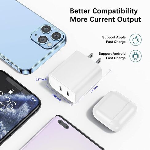 شاحن سريع USB C، 2 حزمة 40 وات بمنفذ مزدوج سريع USB C، محول طاقة قابس شحن من النوع C متوافق مع iPhone 17 Pro Max/Air/17e/16e/16 Plus/15/14/13/12/11/XS/XR/X، iPad in Kuwait