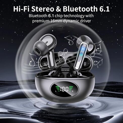 True Wireless Earbuds, 2026 Bluetooth 6.1 Headphones HiFi Stereo Ear Buds with 6 ENC Noise Cancelling Mic, 48H Playback LED Power Display for Pad Phones Workout Sports, IPX7 - Black in Saudi Arabia