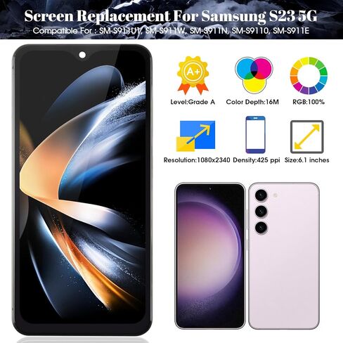 SRJTEK Incell for Samsung S23 5G Screen Replacement for Samsung S23 SM-S911U S911A S911W Display Digitizer Touch Screen Assembly (with Frame) (Black) in Saudi Arabia