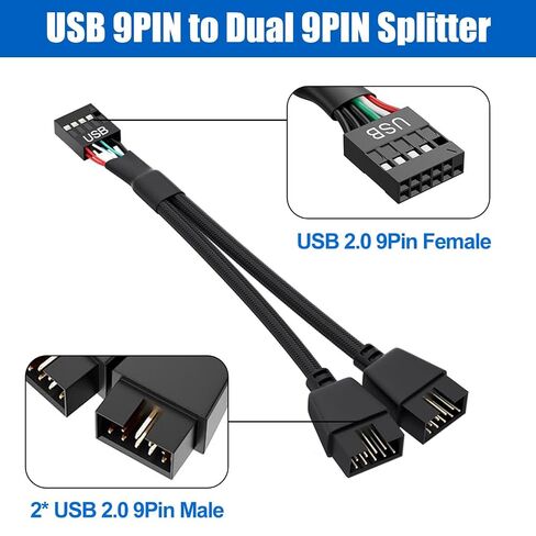 2PCS Motherboard USB Header Splitter - USB 2.0 to Dual 9 Pin Extension Cable, Internal USB Splitter for PC Internal Computer Motherboard (Black-6.3inch) in Kuwait