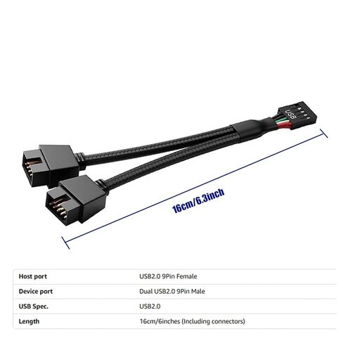 2PCS Motherboard USB Header Splitter - USB 2.0 to Dual 9 Pin Extension Cable, Internal USB Splitter for PC Internal Computer Motherboard (Black-6.3inch) in Kuwait