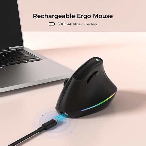 KYSONA 57° Ergonomic Wireless Rechargeable Mouse, Vertical Quiet Ergo Mouse, Bluetooth(BT5.0,BT3.0)&2.4G, (800/1200/2400/2400/4000), 7 Buttons for Windows, macOS, iPadOS, Laptop, PC, Black in Kuwait