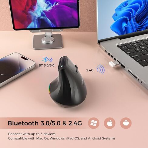KYSONA 57° Ergonomic Wireless Rechargeable Mouse, Vertical Quiet Ergo Mouse, Bluetooth(BT5.0,BT3.0)&2.4G, (800/1200/2400/2400/4000), 7 Buttons for Windows, macOS, iPadOS, Laptop, PC, Black in Kuwait