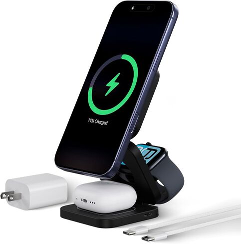 KU XIU QI 2.2 25W 3-in-1 Charging Station for Apple Device, Foldable Magnetic Charger for iPhone 17/16, 5W for Apple Watch & AirPods, Fast Travel Wireless Charging Stand with 45W Adapter in Saudi Arabia