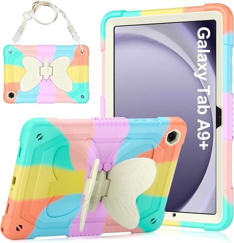 غطاء لجهاز Samsung Galaxy Tab A11+ Plus/A9+ Plus مع واقي شاشة، Galaxy Tab A11+/A9+ 11 بوصة 2025/2023 تم إصداره مع جراب بحزام كتف على شكل فراشة للفتيات الصغيرات، أزرق ملون in Kuwait