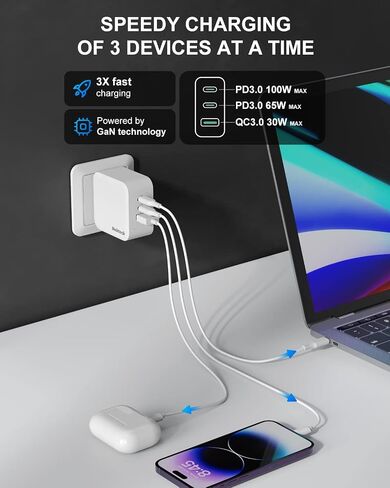 Nekteck 100W 3-Port GaN USB C Charger, PD 3.0 & QC 3.0 Fast Charging in Saudi Arabia
