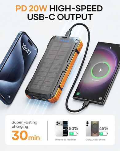 BigBlue Solar Power Bank سعة 20000 مللي أمبير في الساعة مع 4 كابلات مدمجة، 20 وات PD USB-C in Kuwait