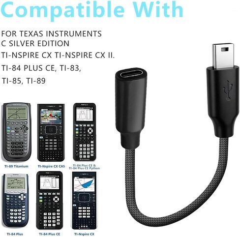 محول USB-C إلى USB صغير لإصدار TI 84 Plus CE/C الفضي، كابل بيانات مضفر لآلات حاسبة Texas Instruments TI-Nspire CX/CX CAS/CX II/CX II CAS، TI-89 تيتانيوم، TI-83/85 in Kuwait