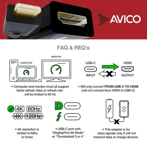 Avico USB C to HDMI 2.0 Adapter – 4K 60hz HDR – 2K 144hz – 1080P 240hz – Male to Female – for Monitors, TVs, PCs, MacBooks, Projectors – Thunderbolt Compatible in Kuwait