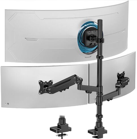 Triple Monitor Mount up to 49 inches, Fully Adjustable Heavy Duty 3 Monitor Arm with Gas Spring, Desk Mount for 3 Screens, C-Clamp & Grommet Base, Holds 44 lbs, Black in Saudi Arabia