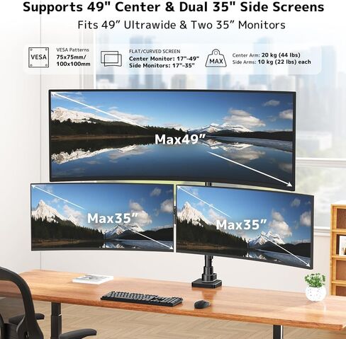 Triple Monitor Mount up to 49 inches, Fully Adjustable Heavy Duty 3 Monitor Arm with Gas Spring, Desk Mount for 3 Screens, C-Clamp & Grommet Base, Holds 44 lbs, Black in Saudi Arabia