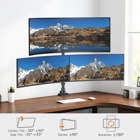 Triple Monitor Mount up to 49 inches, Fully Adjustable Heavy Duty 3 Monitor Arm with Gas Spring, Desk Mount for 3 Screens, C-Clamp & Grommet Base, Holds 44 lbs, Black in Saudi Arabia