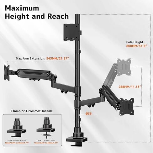 Triple Monitor Mount up to 49 inches, Fully Adjustable Heavy Duty 3 Monitor Arm with Gas Spring, Desk Mount for 3 Screens, C-Clamp & Grommet Base, Holds 44 lbs, Black in Saudi Arabia