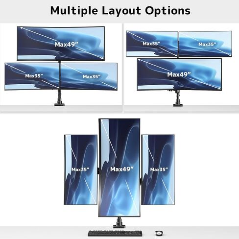 Triple Monitor Mount up to 49 inches, Fully Adjustable Heavy Duty 3 Monitor Arm with Gas Spring, Desk Mount for 3 Screens, C-Clamp & Grommet Base, Holds 44 lbs, Black in Saudi Arabia