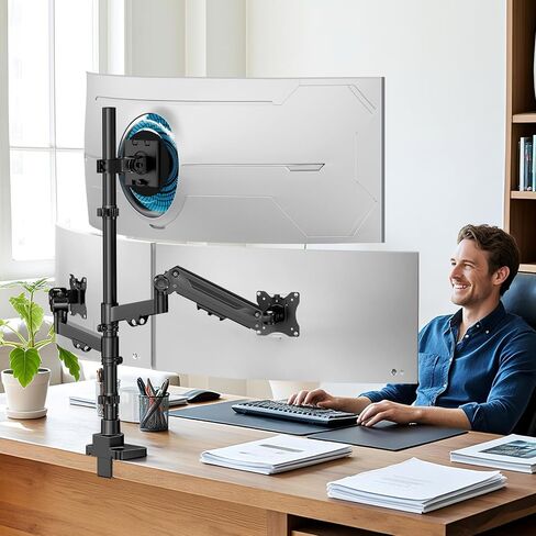 Triple Monitor Mount up to 49 inches, Fully Adjustable Heavy Duty 3 Monitor Arm with Gas Spring, Desk Mount for 3 Screens, C-Clamp & Grommet Base, Holds 44 lbs, Black in Saudi Arabia