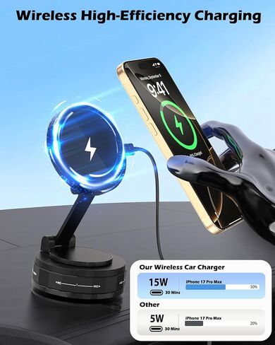 15W Magnetic Wireless Car Charger ,Mag Safe Car Mount Charger Fast Magnet iPhone Charging 360°Adjustable Phone Holder with Stronger Magnetic & Suction Car Phone Mount for iPhone 17 Pro Max 16 15 14 13 in Saudi Arabia