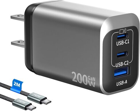 200W USB C Charge Block,3 Port PD 100W GaN Charger,Multi Port Fast Charging Station Hub for Multiple Devices,Compatible with MacBook/iPad/iPhone/Laptop/Galaxy/Android Cell Phone with 2M C-C Cable in Saudi Arabia