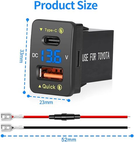 Levigo Car Charger Dual 18W USB PD+QC3.0 Fast Charge for Toyota, Type C USB Car Power Socket with LED Voltmeter Display, Compatible with 12/24V Cars(1.2 * 0.9inch) in Saudi Arabia