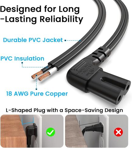 6Ft 2 Prong AC TV Power Cord Compatible with JBL PartyBox Speaker 100/110/310/520/710/720/1000/Club 120 Universal C7 90 Degree Angled Power Cord UL Listed Replacement Cable in Saudi Arabia