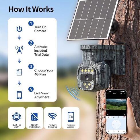 4G LTE Solar Cellular Security Camera Wireless Outdoor, No WiFi Needed, AOV Recording, PTZ Cameras, Built-in eSIM, Motion Detection, 2-Way Audio, 2K Live View for Off-Grid Security Non Internet in Kuwait