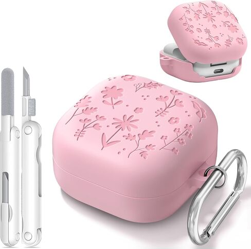 Flower Engraved for Samsung Galaxy Buds 4 Pro Case and Buds 4 Cases Cover 2026, Soft Silicone Shockproof Proteciver Case with Cleaning Kit & Metal Keychain for Women Girly Men, Light Pink in Saudi Arabia