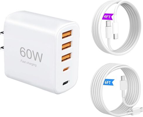 شاحن USB-C متعدد المنافذ بقدرة 60 وات مع كابلات (4FT + 6FT)، ومحول طاقة بقابس حائط بـ 5 منافذ متوافق مع سلسلة iPhone 17/16/15 وiPad وSamsung S25/S24 وسماعات الرأس والساعات الذكية والمزيد in Kuwait