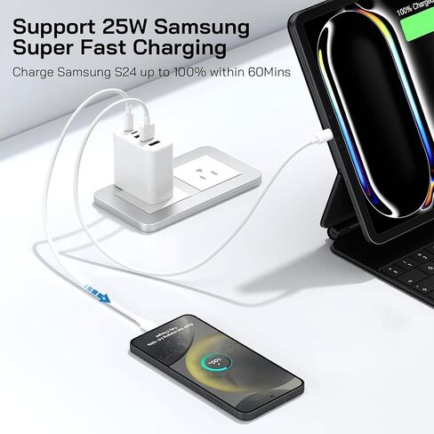 شاحن USB-C متعدد المنافذ بقدرة 60 وات مع كابلات (4FT + 6FT)، ومحول طاقة بقابس حائط بـ 5 منافذ متوافق مع سلسلة iPhone 17/16/15 وiPad وSamsung S25/S24 وسماعات الرأس والساعات الذكية والمزيد in Kuwait