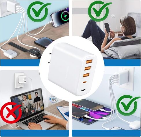 شاحن USB-C متعدد المنافذ بقدرة 60 وات مع كابلات (4FT + 6FT)، ومحول طاقة بقابس حائط بـ 5 منافذ متوافق مع سلسلة iPhone 17/16/15 وiPad وSamsung S25/S24 وسماعات الرأس والساعات الذكية والمزيد in Kuwait