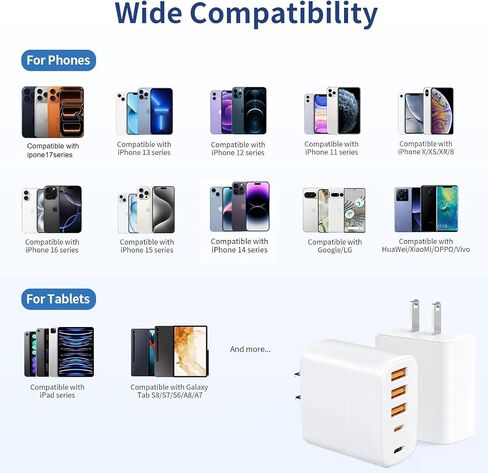 شاحن USB-C متعدد المنافذ بقدرة 60 وات مع كابلات (4FT + 6FT)، ومحول طاقة بقابس حائط بـ 5 منافذ متوافق مع سلسلة iPhone 17/16/15 وiPad وSamsung S25/S24 وسماعات الرأس والساعات الذكية والمزيد in Kuwait