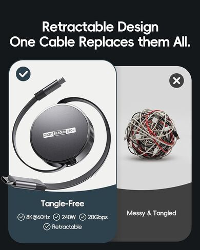 كابل USB C إلى USB C قابل للسحب، كابل USB 4 مع PD 240 وات، 20 جيجابت في الثانية، 8 كيلو60 هرتز in Kuwait