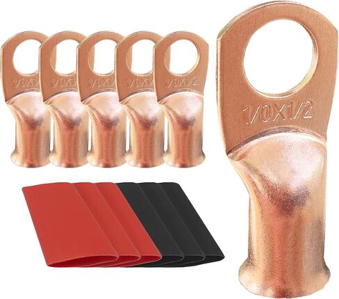 10pcs 3/0 AWG-5/16 Ring Battery Lugs, Copper Lugs, Battery Cable Ends, Tubular Ring Terminals, Crimp Wire Ring Lugs, Battery Terminal Connectors with Heat Shrink Tubing (10, 3/0 Awg - 5/16" (M8) Ring) in Kuwait