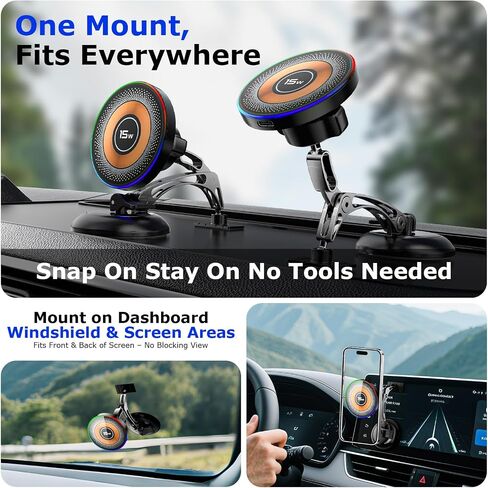 Magnetic for MagSafe Car Mount 15W Wireless Charging, Magnetic Phone Holder for Car with Vacuum, 360°Adjustable Metal Head &Extension Rod, Cell Phone Holders for Your Car for iPhone17/16/15/14/13/12 in Kuwait