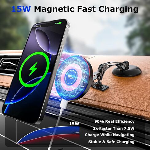 Magnetic for MagSafe Car Mount 15W Wireless Charging, Magnetic Phone Holder for Car with Vacuum, 360°Adjustable Metal Head &Extension Rod, Cell Phone Holders for Your Car for iPhone17/16/15/14/13/12 in Kuwait