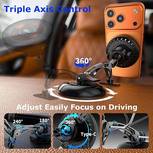 Magnetic for MagSafe Car Mount 15W Wireless Charging, Magnetic Phone Holder for Car with Vacuum, 360°Adjustable Metal Head &Extension Rod, Cell Phone Holders for Your Car for iPhone17/16/15/14/13/12 in Kuwait