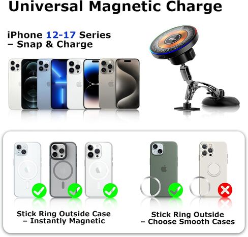 Magnetic for MagSafe Car Mount 15W Wireless Charging, Magnetic Phone Holder for Car with Vacuum, 360°Adjustable Metal Head &Extension Rod, Cell Phone Holders for Your Car for iPhone17/16/15/14/13/12 in Kuwait