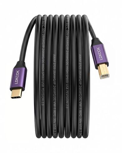 كابل طابعة LDKCOK USB C إلى USB B بطول 3 أقدام، كابل ممتاز مطلي بالذهب من النوع C إلى MIDI مع غلاف من الألومنيوم، سلك USB 2.0 عالي السرعة متوافق مع MacBook Pro وHP وEpson وYamaha Piano وDJ Controller in Kuwait