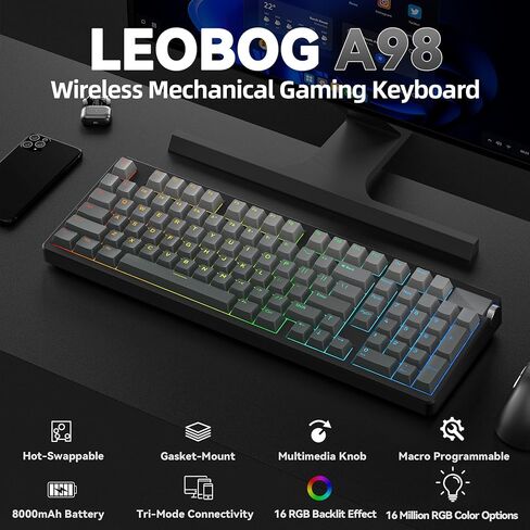 LEOBOG A98 Wireless Mechanical Keyboard and Mouse Combo, RGB Backlit Rechargeable 8000mAh Battery, Creamy Keyboard with Number Pad+ 2400DPI Mice, Programmable Keyboard Mouse with Software for PC Gamer in Kuwait