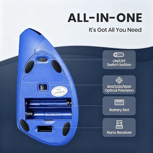 Left Handed Mouse, 2.4G USB Wireless Ergonomic Vertical Mouse, Ergonomic Design, Optical Model, Prevention Against Mouse Arm Tennis Elbow, for Laptop Desktop PC Computer Ect（Color: Blue） in Kuwait