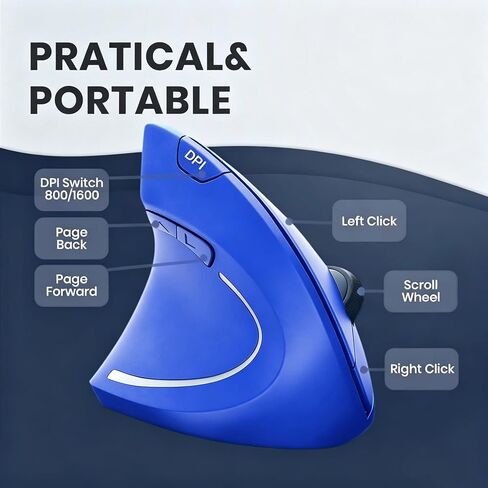 Left Handed Mouse, 2.4G USB Wireless Ergonomic Vertical Mouse, Ergonomic Design, Optical Model, Prevention Against Mouse Arm Tennis Elbow, for Laptop Desktop PC Computer Ect（Color: Blue） in Kuwait