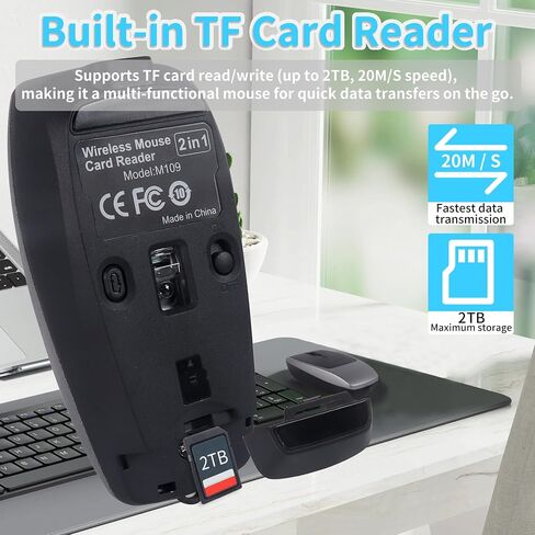 Bluetooth Mouse, Upgrade Mini Wireless 2in1 Mouse and TF Card Reader, Silent Small Ergonomic 1600D-PI Finger Mice Rechargeable Travel Portable Handheld Air Mouse with Lanyard for Laptop PC iPad Mac in Kuwait