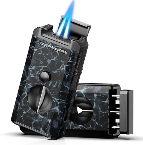 All-in-One Torch Lighter with Auto-Pop V Cutter and Holder, Windproof Jet Flame Cool Lighters, Butane Refillable Torch Lighters Set with Gift Box for Men, Candles, Travel, Outdoors, Camping in Saudi Arabia