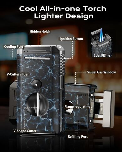 All-in-One Torch Lighter with Auto-Pop V Cutter and Holder, Windproof Jet Flame Cool Lighters, Butane Refillable Torch Lighters Set with Gift Box for Men, Candles, Travel, Outdoors, Camping in Saudi Arabia