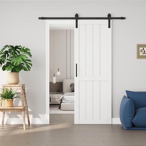 White Primer Solid Wood+MDF Sliding Barn Door, 36"x84" in Saudi Arabia