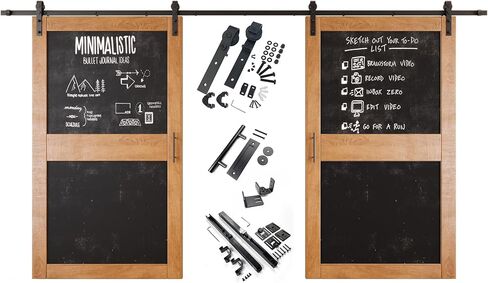 Early American 50 in. x 84 in. Double Sliding Barn Door, 2 Finished Chalkboard Barn Doors with 18ft Non-Bypass Installation Hardware Kit, Solid Wood Frame, Unassembled, Interior Use Only in Kuwait