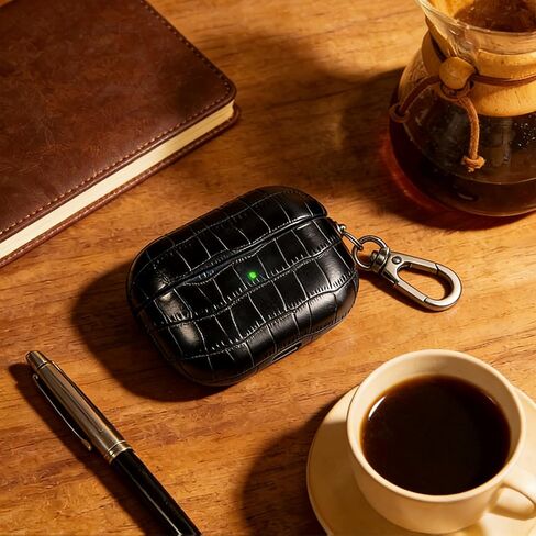 for AirPods Pro 3 Leather Case, Crocodile-Embossed Protective Holder Cover with Keychain, Compatible with AirPods Pro 3rd Generation 2025/2026, Front LED Visible, Black in Saudi Arabia